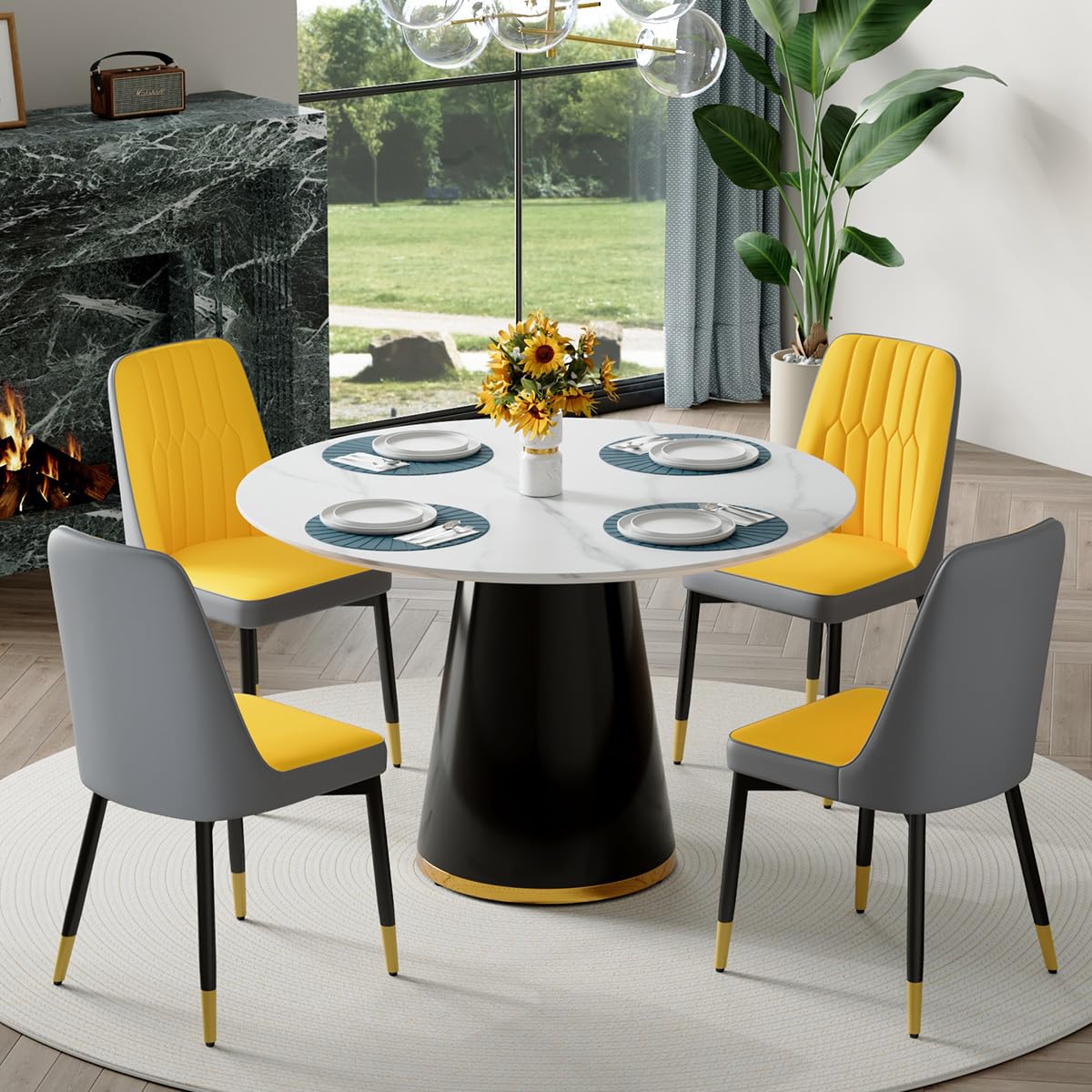 Round Dining Table Set for 6, 45''Round Wooden Dining Set