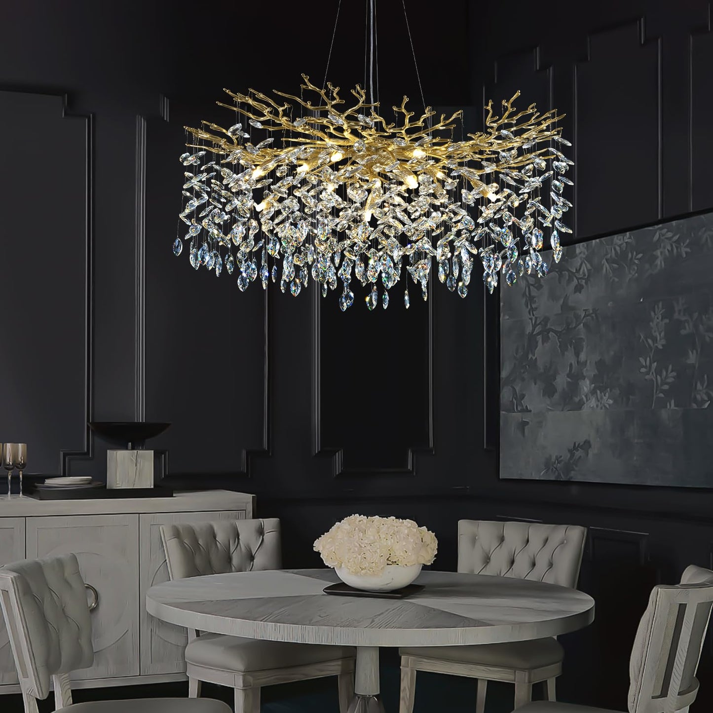 H134'' Modern Crystal Tree Branch Chandelier, Foyer High Ceiling Chandelier