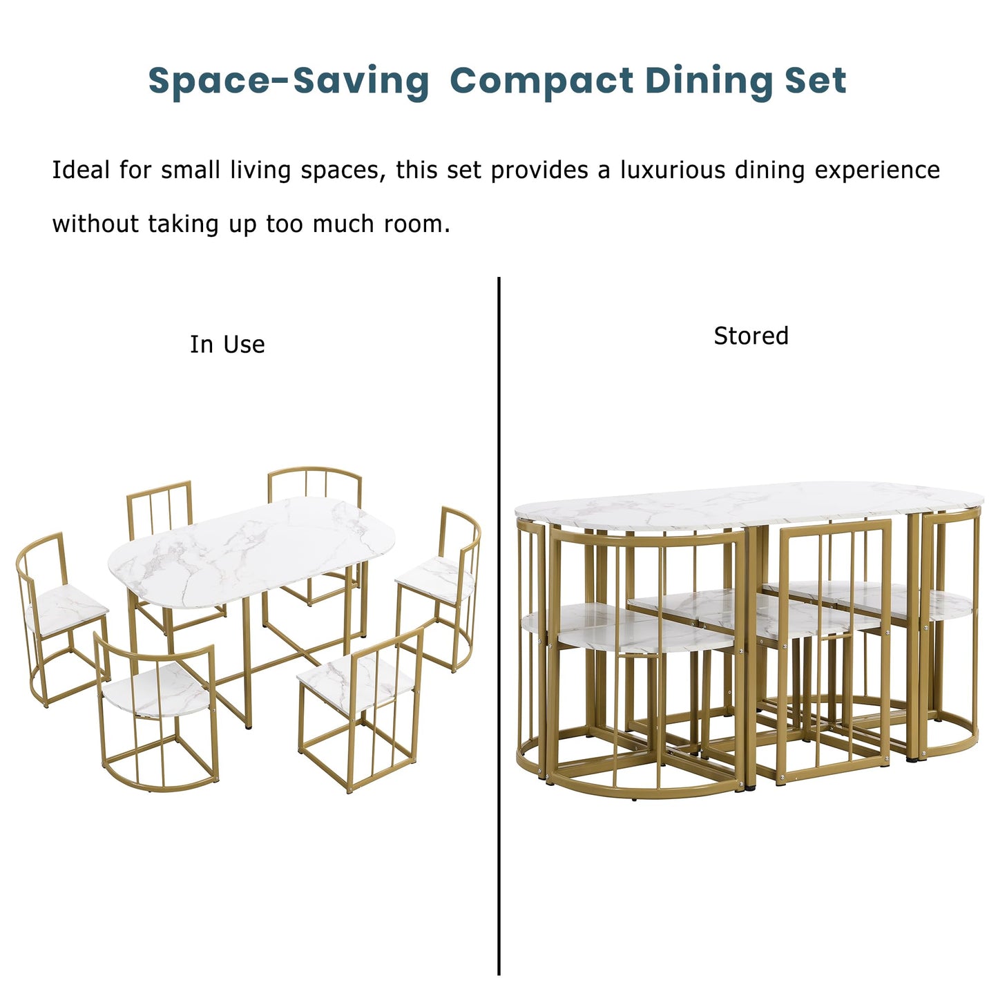 7-Piece Space-Saving Dining Set for 6 with Faux Marble Top, Metal Frame