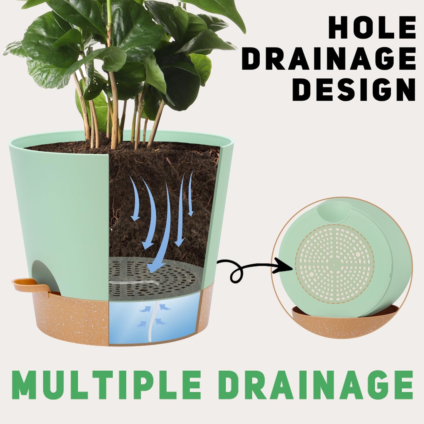 Indoor Self Watering Planters with Drainage Holes and Saucers, Black, 6 Pots