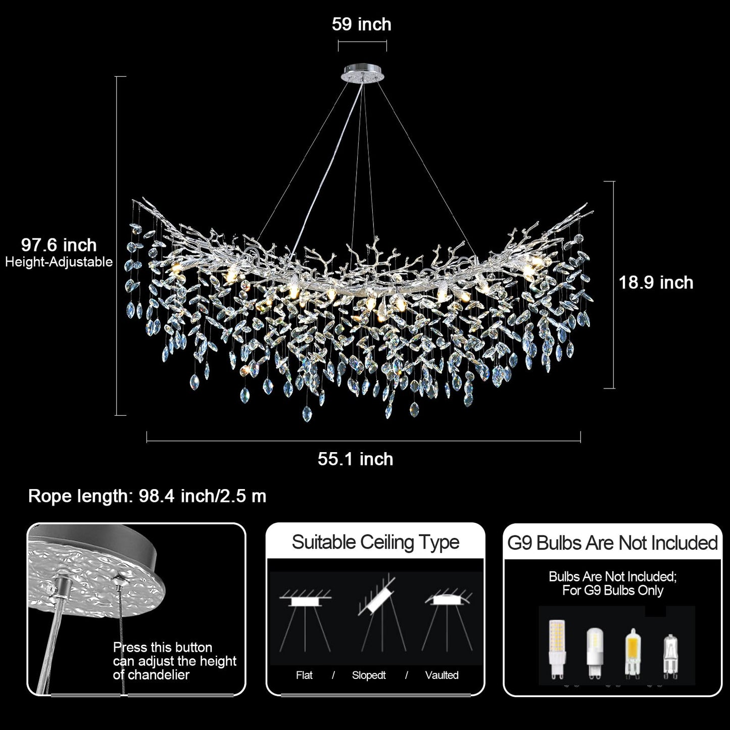 H134'' Modern Crystal Tree Branch Chandelier, Foyer High Ceiling Chandelier