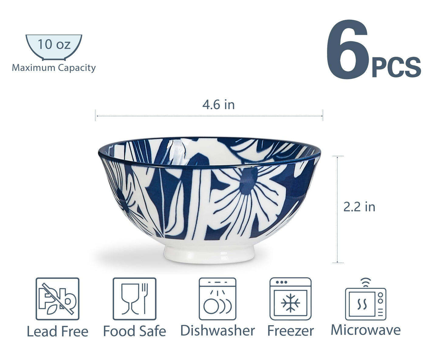 10 oz Ceramic Small Bowl Set of 6 - Microwave Safe Side Dish Bowls - Blue and White