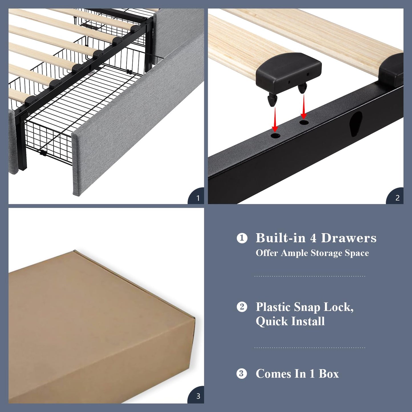 Upholstered Platform Bed Frame with 4 Storage Drawers and Headboard