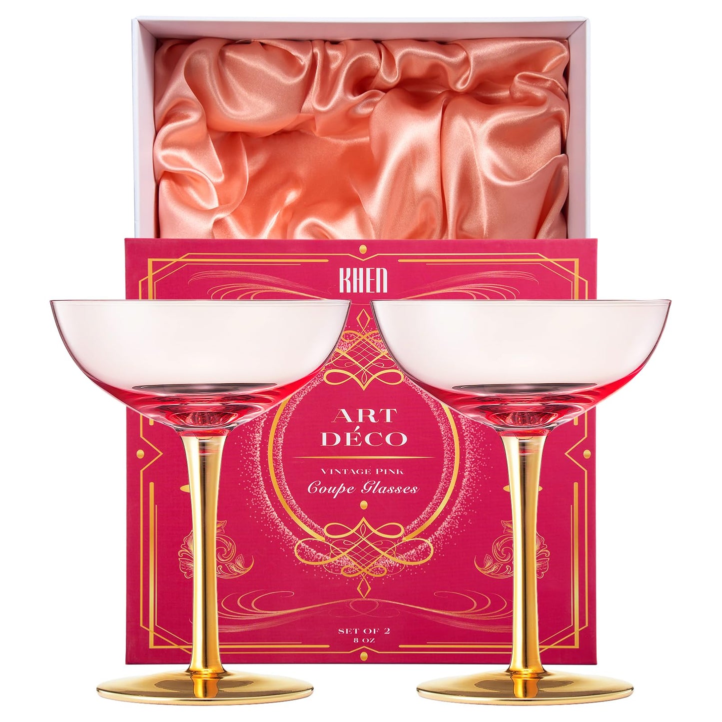 Colored Coupe Art Deco Glasses, Gold | Set of 4 | 8 oz Classic Cocktail Glassware