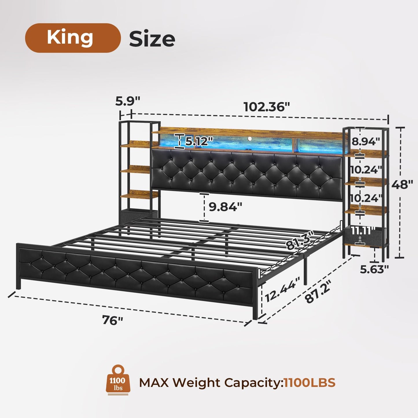 Queen Bed Frame with Storage Headboard and LED Lights