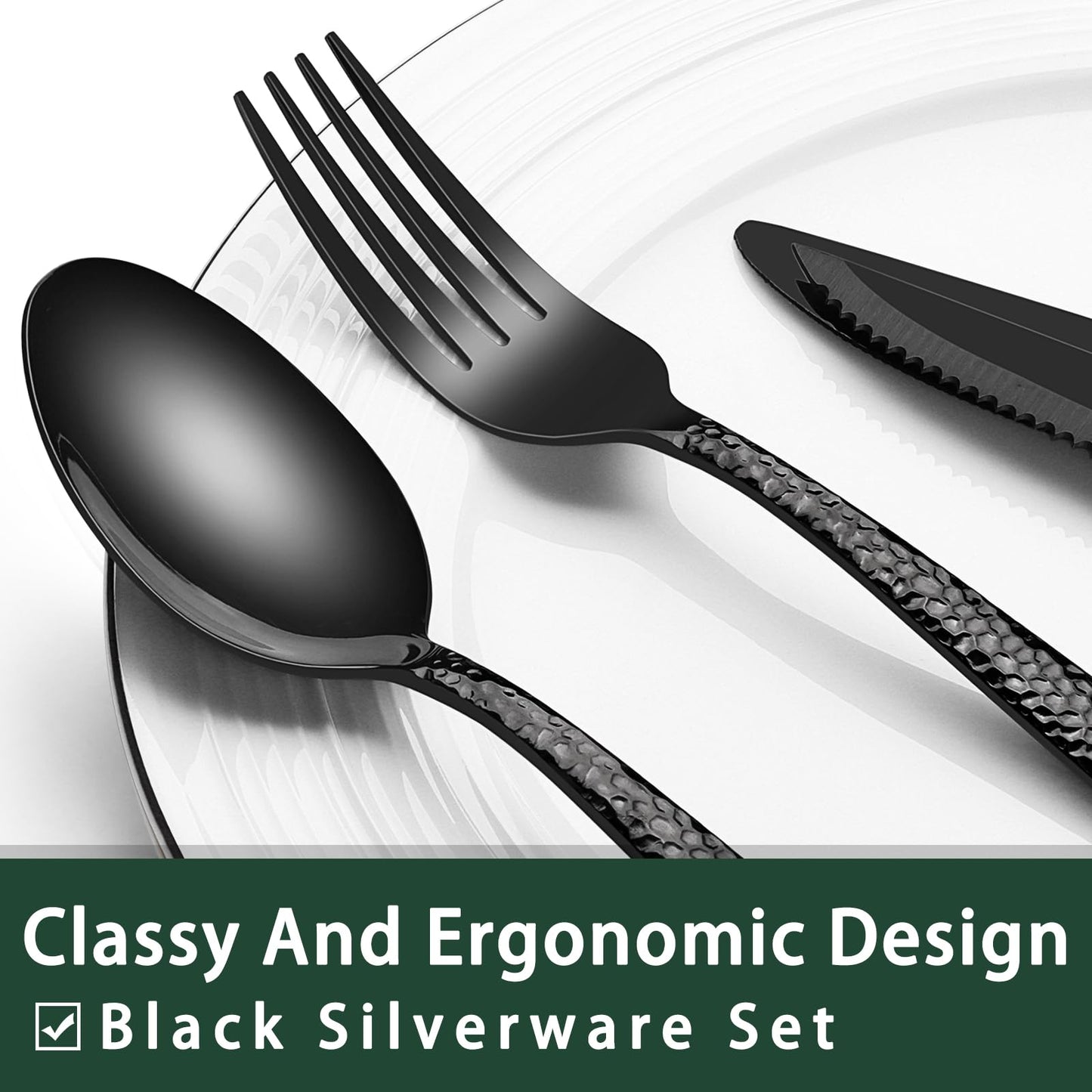 24-Piece Black Silverware Set with Steak Knives, Black Flatware Set for 4