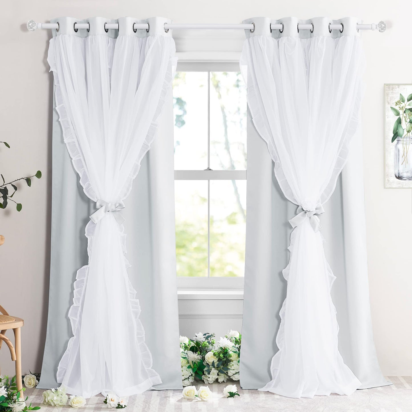 Blackout Window Treatment Double Layer Drapes Ruffle Sheer Overlay 2 Panels