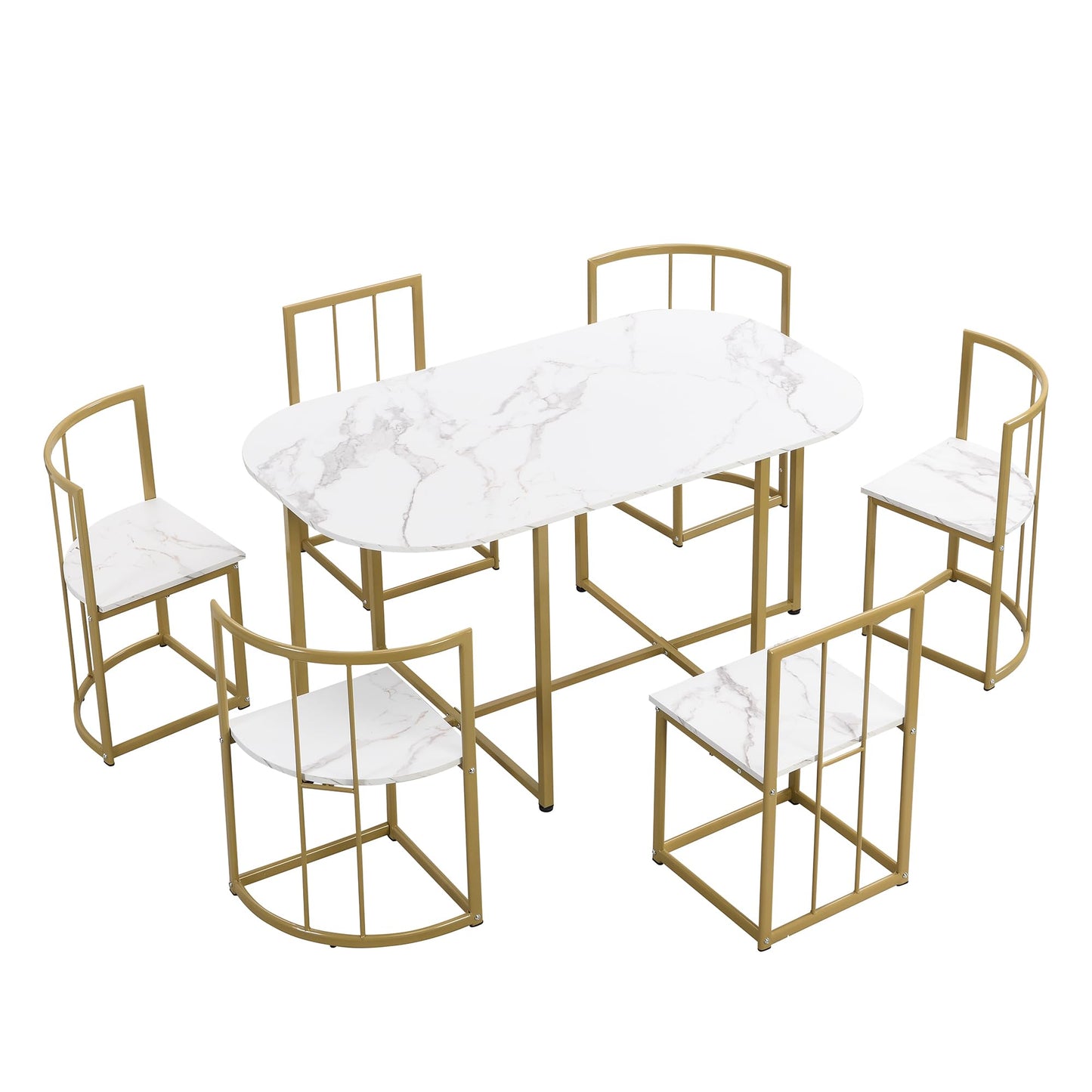 7-Piece Space-Saving Dining Set for 6 with Faux Marble Top, Metal Frame