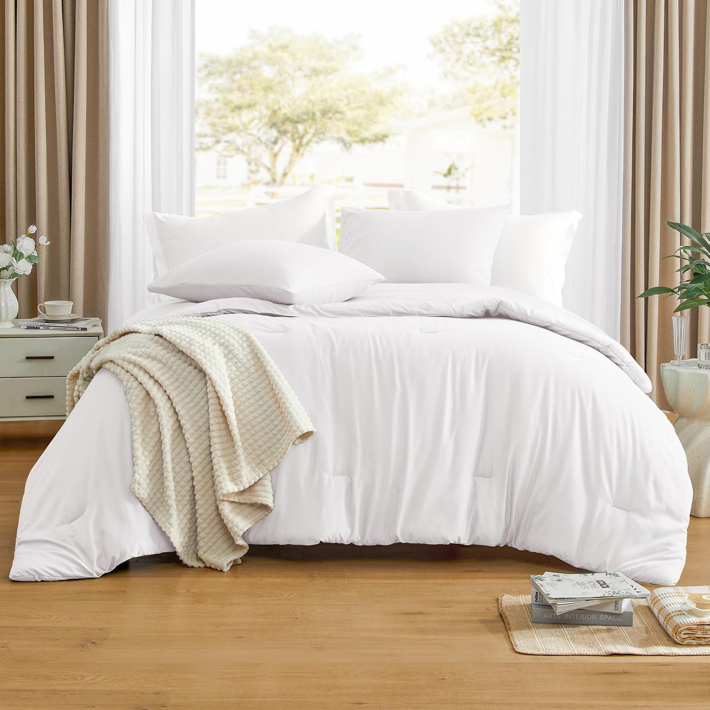 Lightweight Beige Comforter Set Queen Size, Fluffy Comforters