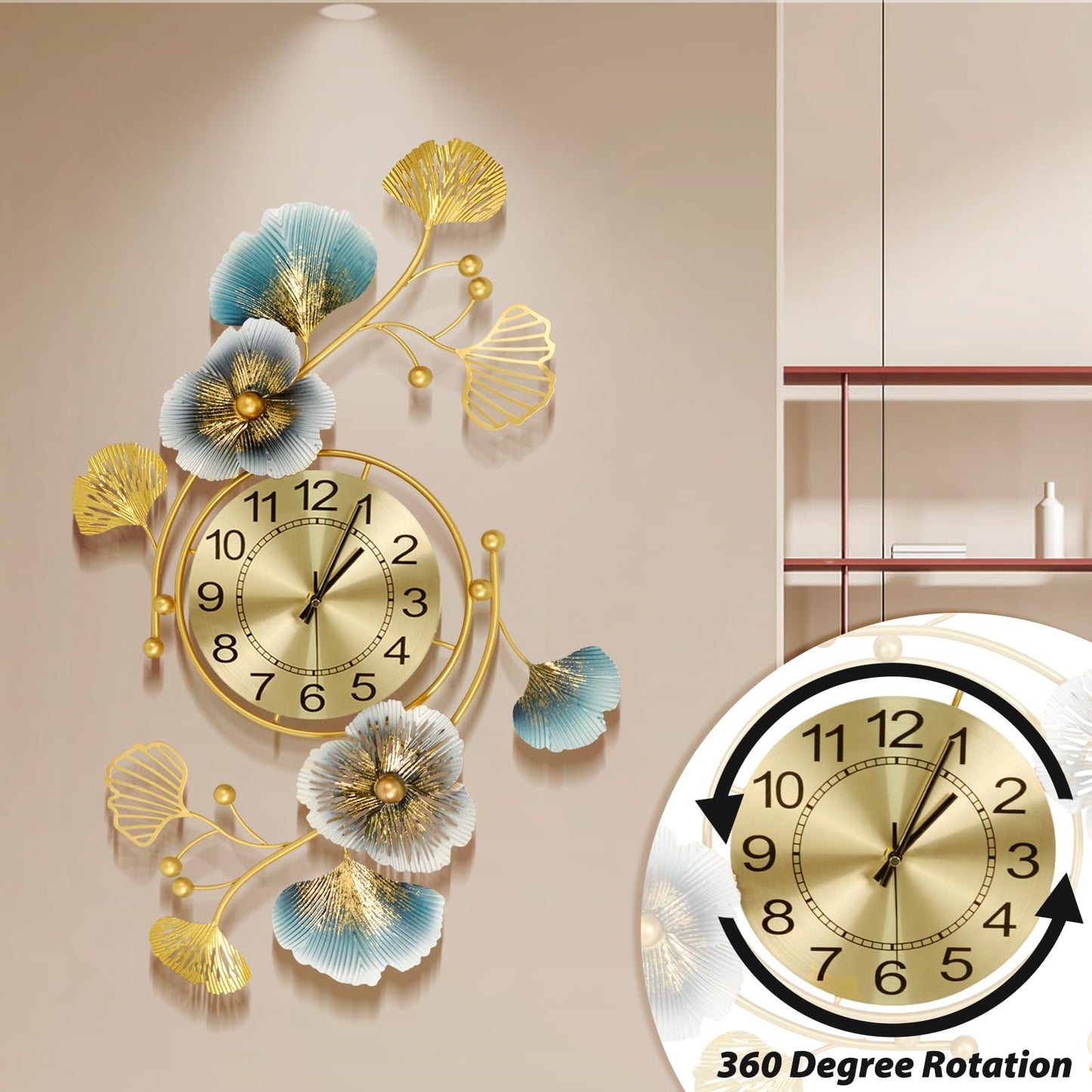 37 Inch Creative Metal Ginkgo Leaf Design Silent Non Ticking Gold Decoration Clocks