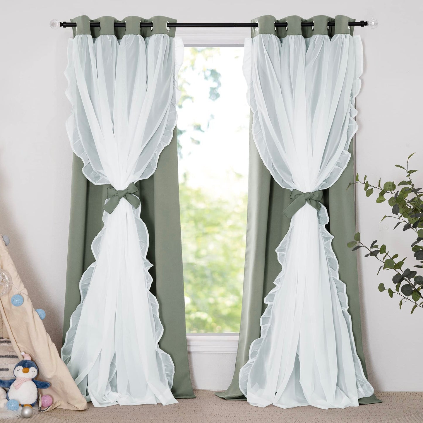 Blackout Window Treatment Double Layer Drapes Ruffle Sheer Overlay 2 Panels