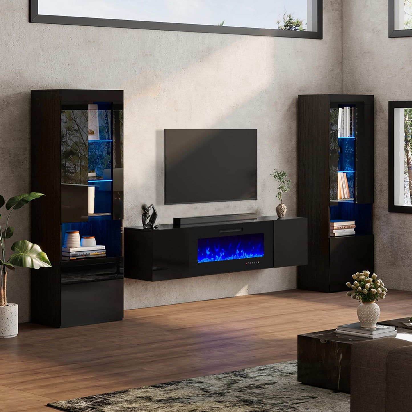 High Gloss Living Room Entertainment Center Including Floating Fireplace