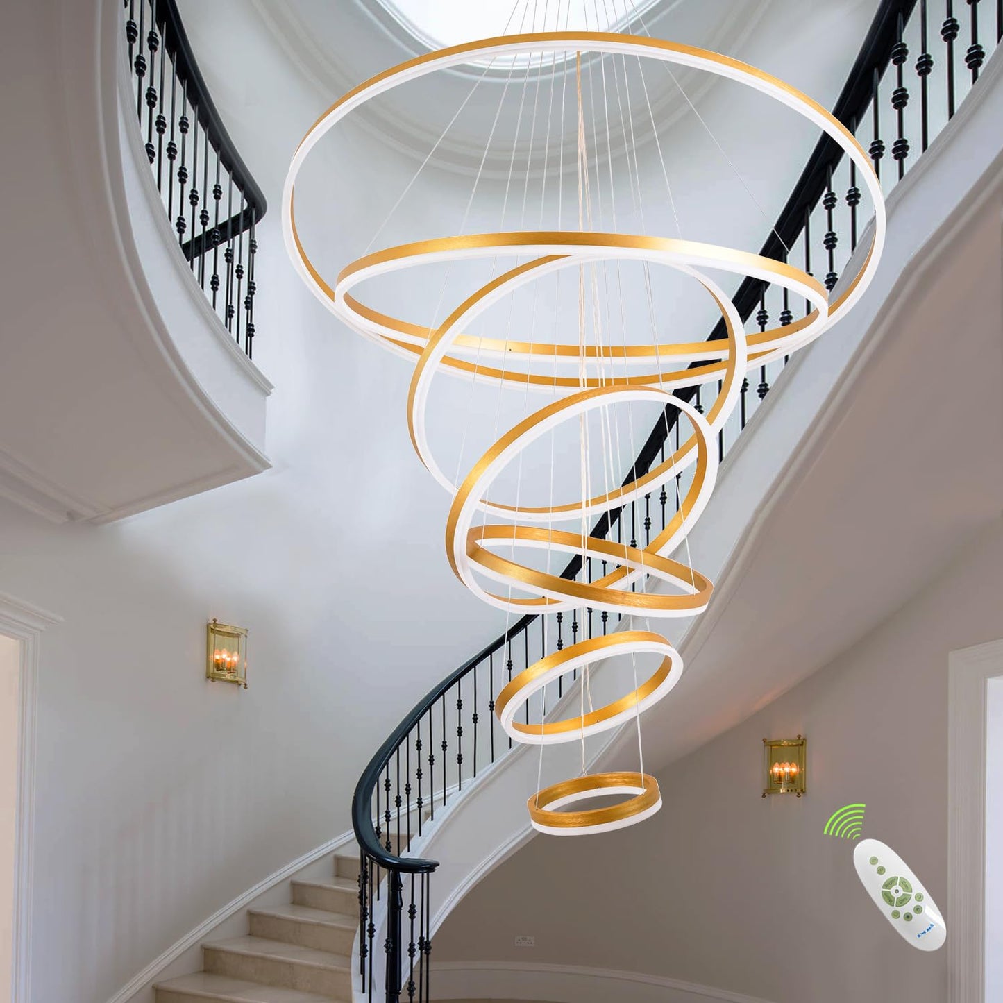 Gold Staircase Hanging 12 Ring Long Led Chandelier Dimmable with Remote Controller