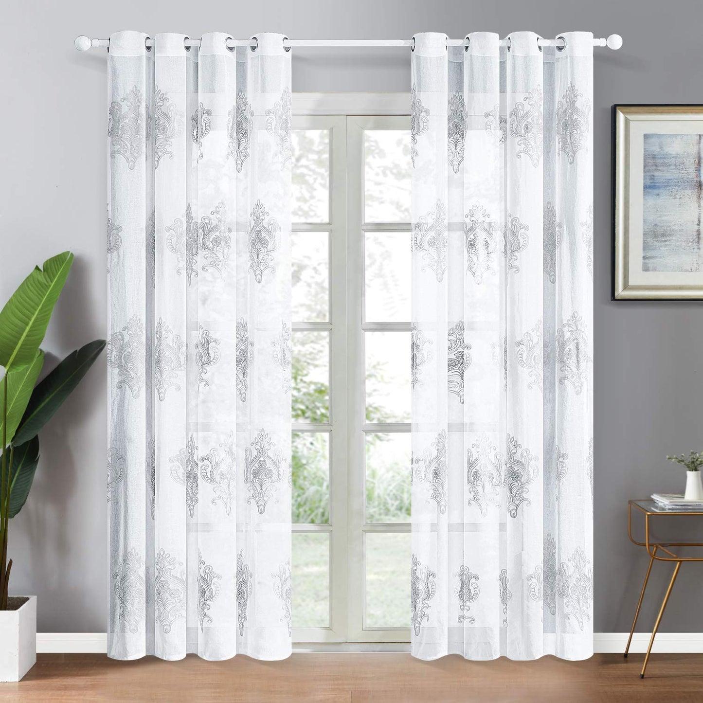 White Sheer 90 Inches Linen Grey Damask Embroidered Window Curtains