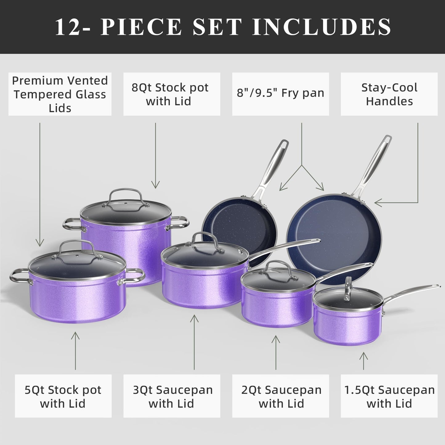 Ceramic Nonstick Cookware Set, Diamond Infused Scratch-Resistant