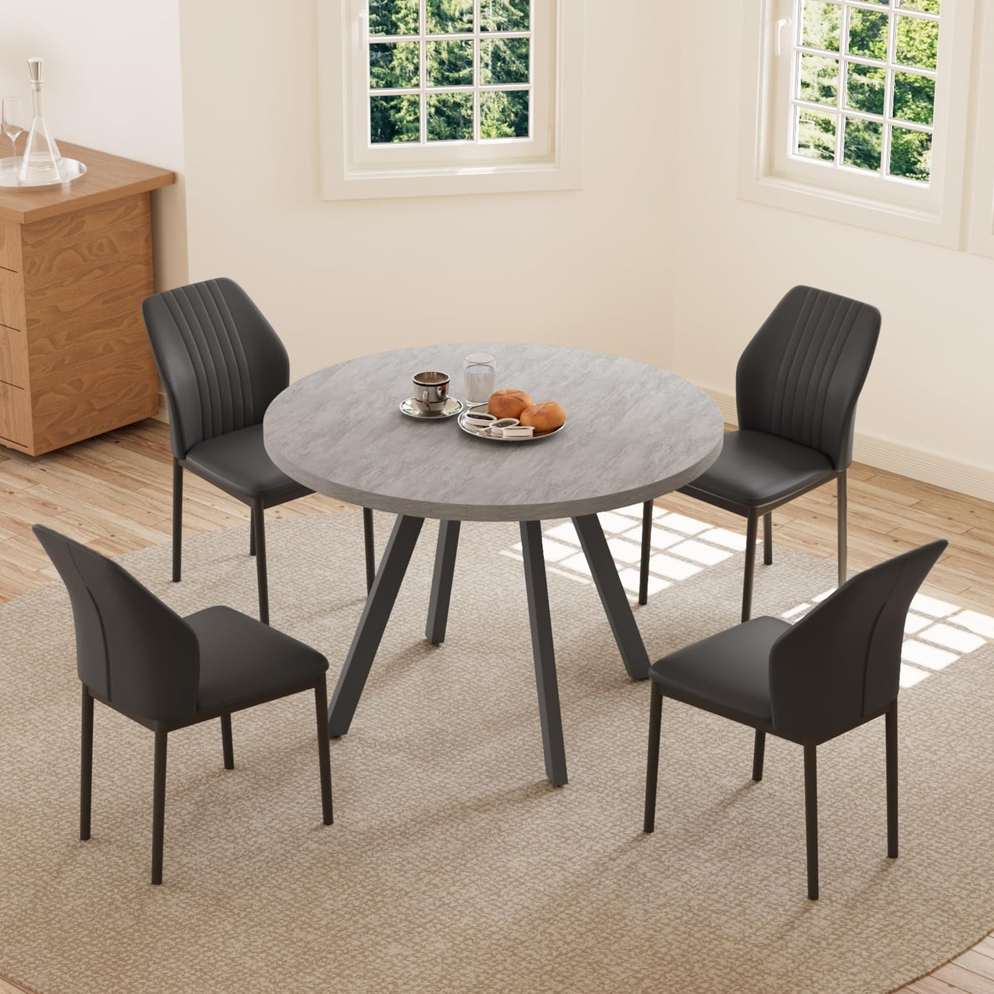 Round Dining Table Set for 4,  (Dining Table + 4 Black Chairs)