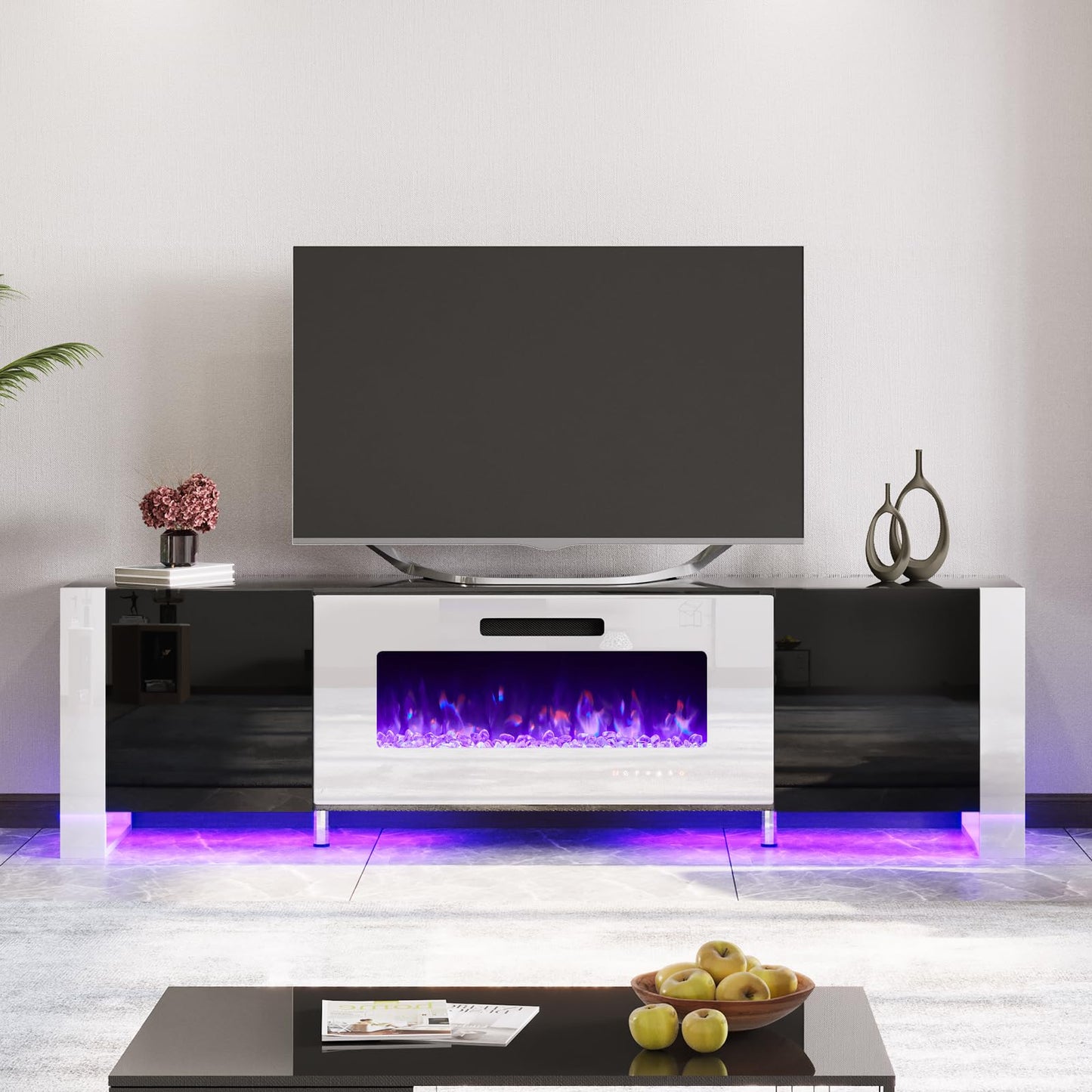 Fireplace TV Stand with 36" Fireplace, 70" Modern High Gloss Entertainment Center