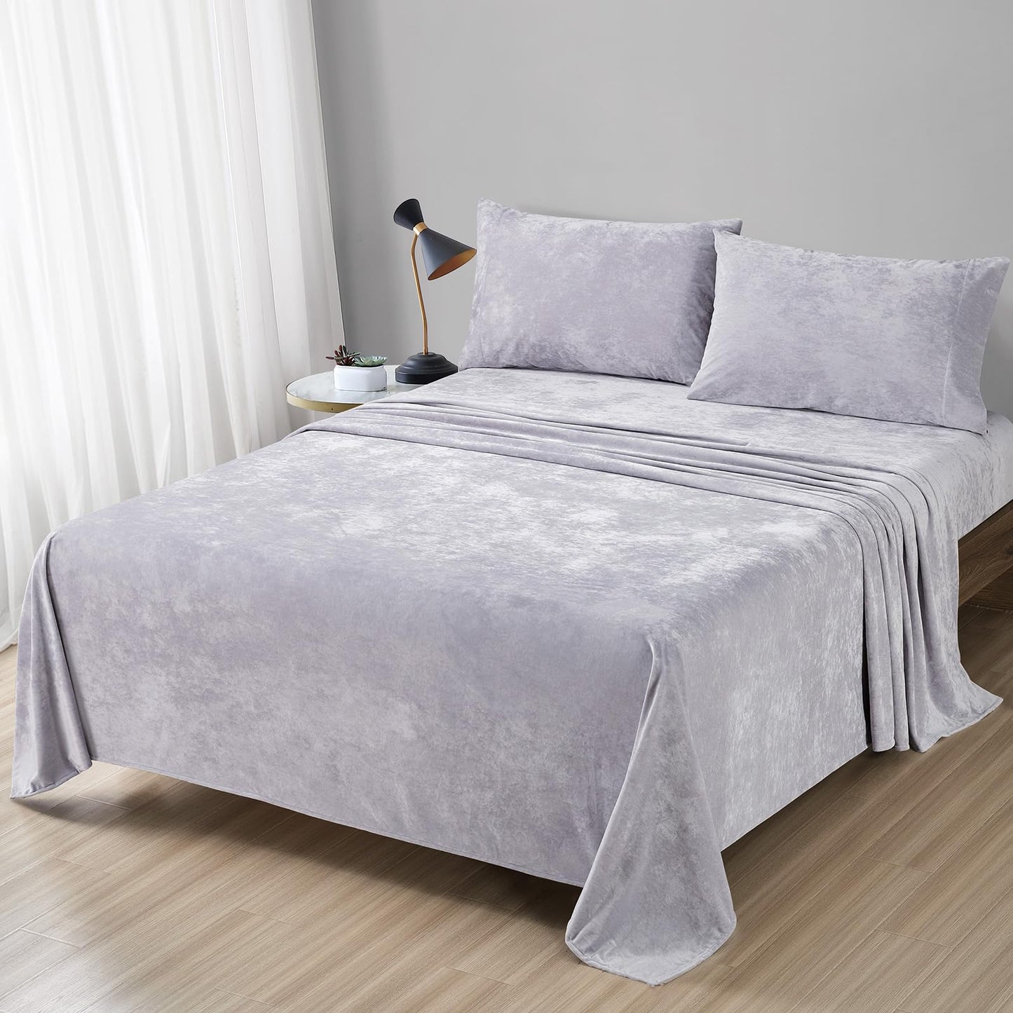 Distressed Velvet Sheet Set, 4 Pieces Purple Queen, Ultra Soft, Warm