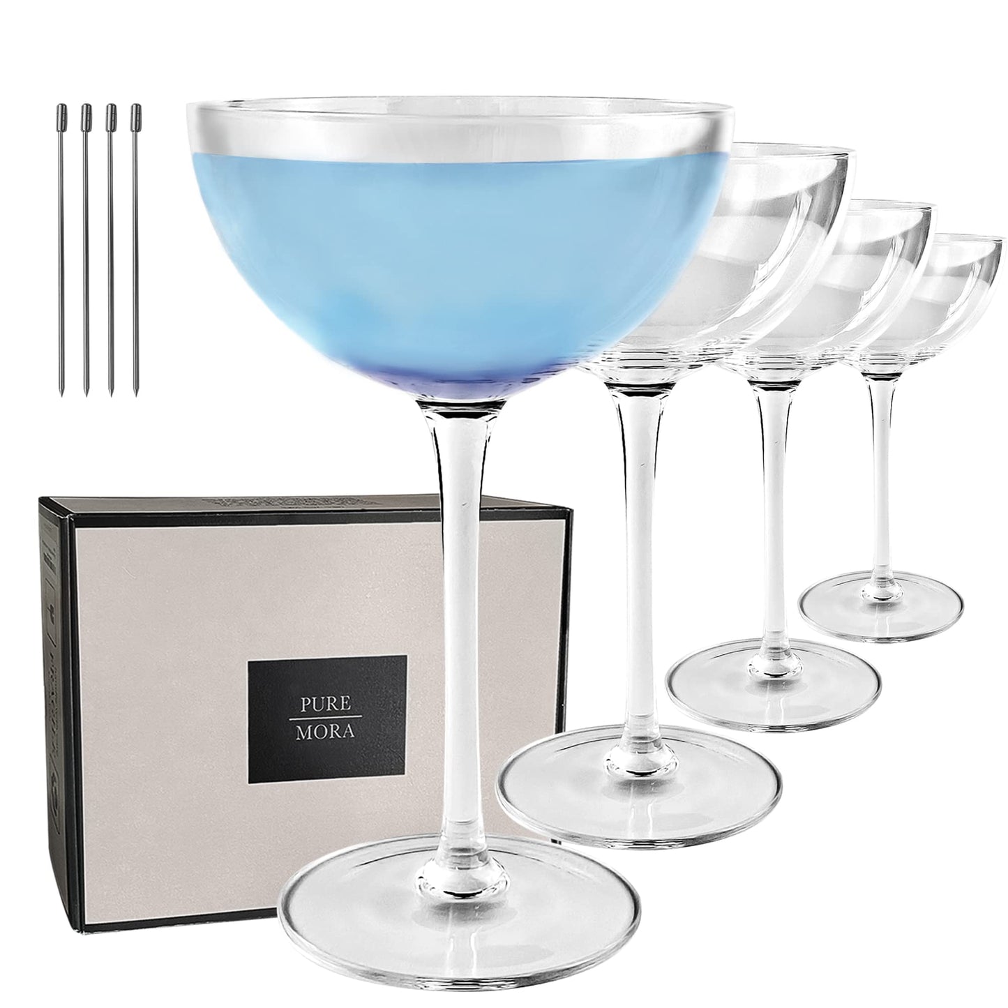 Set of 4, 8oz Handblown Premium Crystal Martini Glasses for Cocktail