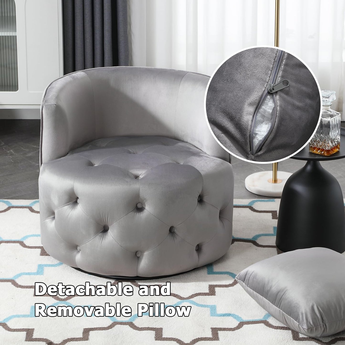 Swivel Barrel Chair with Velvet Fabric with Plump Pillow