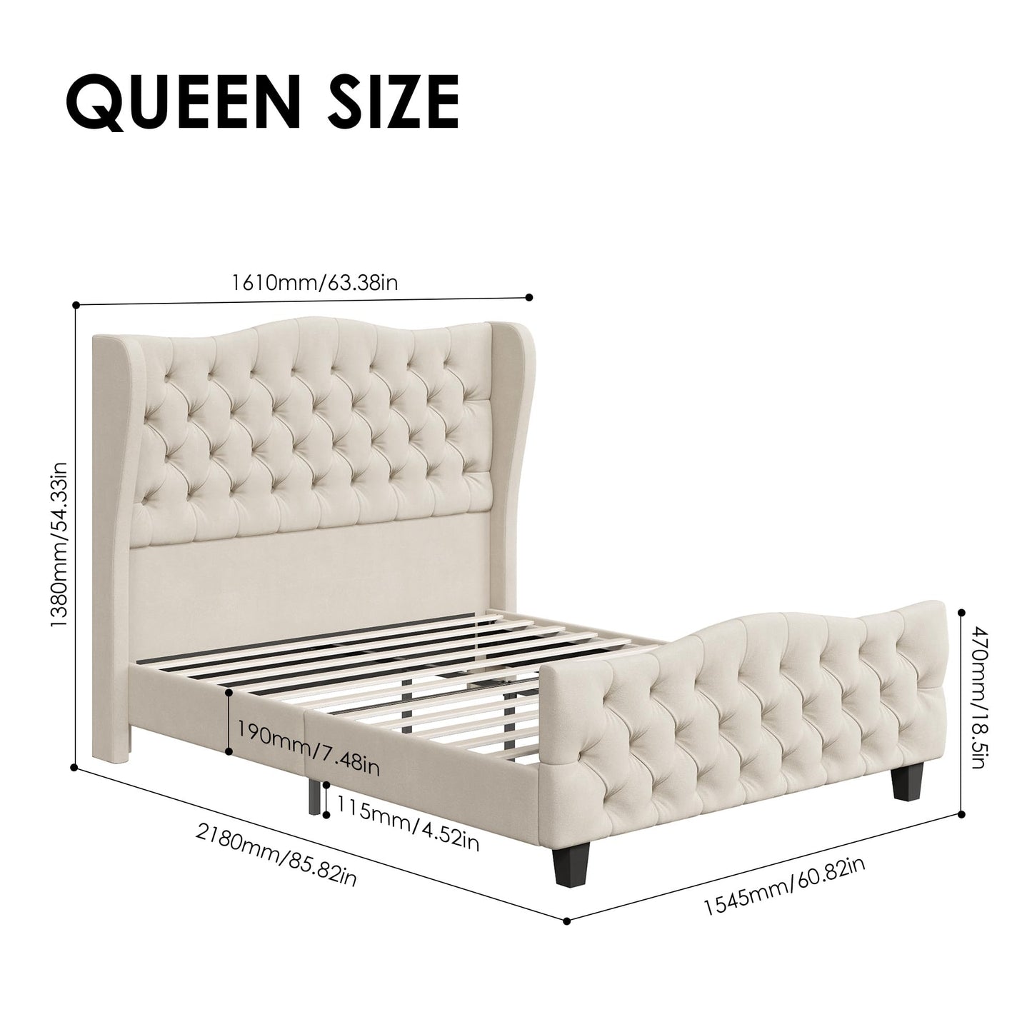 Tall Platform Bed Frame with Deep Button Tufted Wingback Headboard and Footboard