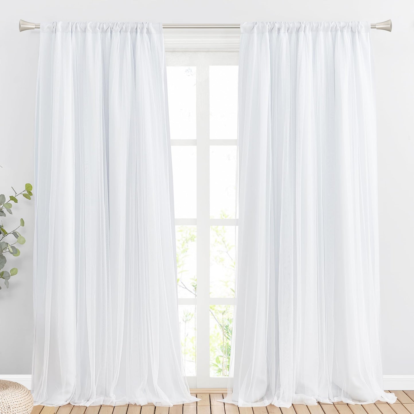 Double-Layered Curtains with Tie-Backs Sheer Drapes Light Blocking, 2 Pcs