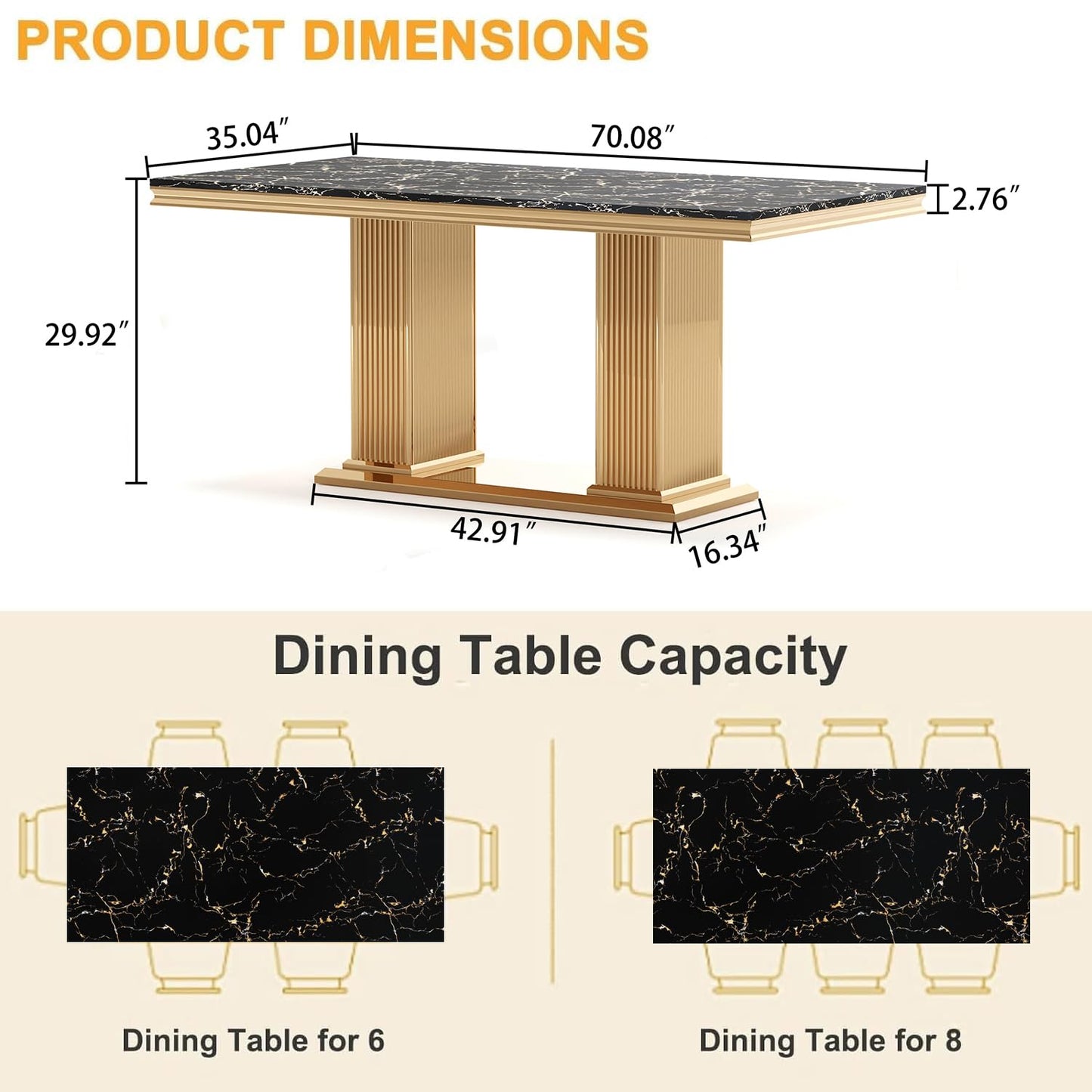 70 Inch White Marble Kitchen Table with Gold Mirrored Cabriole Legs