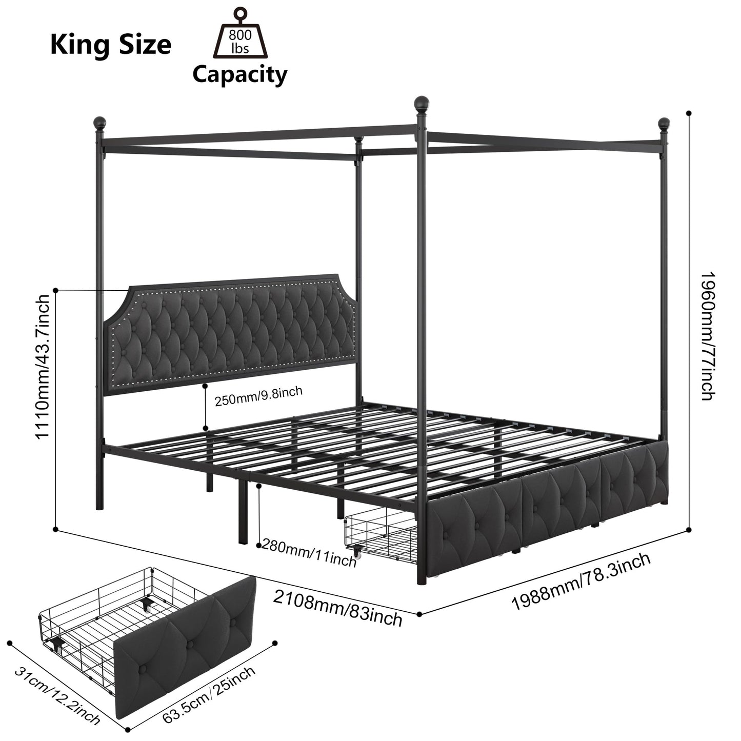 Upholstered Canopy Bed Frame with 2 Drawer and Button Tufted Headboard