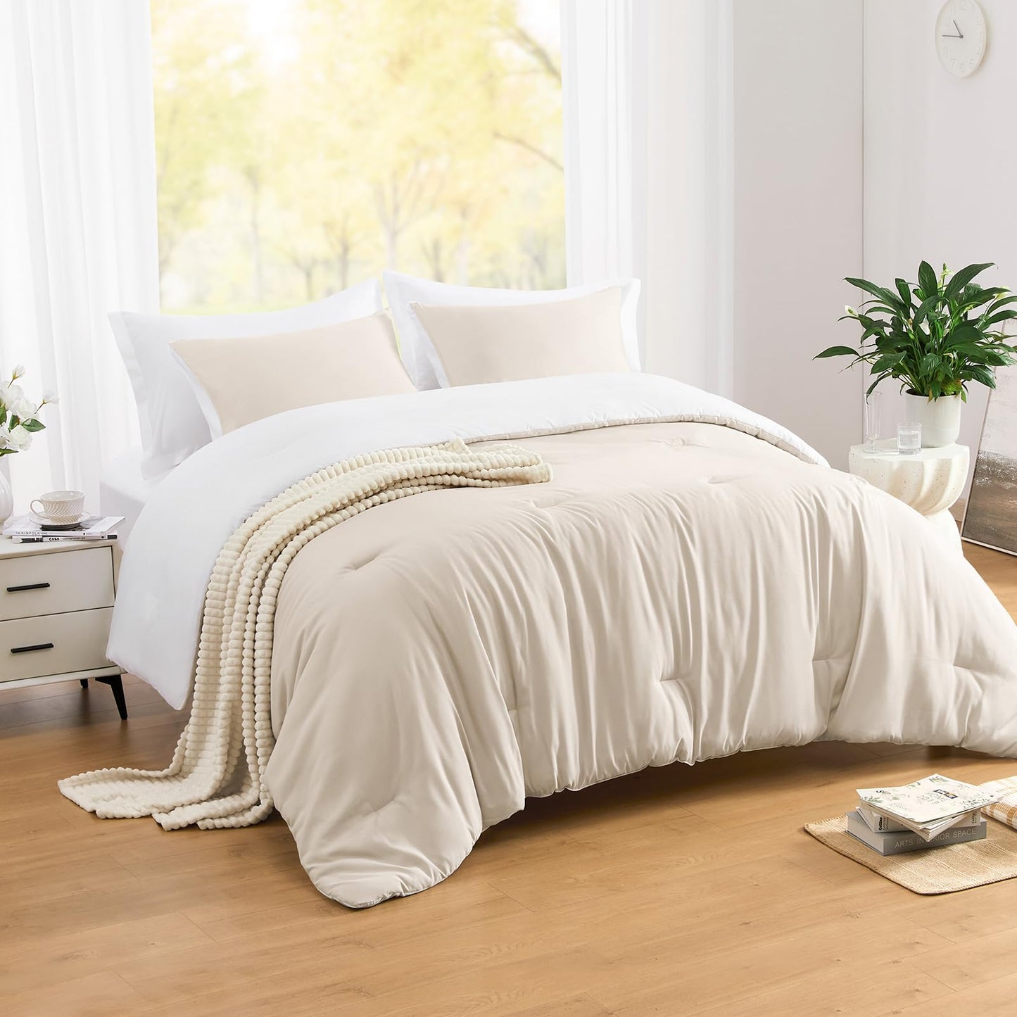 Lightweight Beige Comforter Set Queen Size, Fluffy Comforters