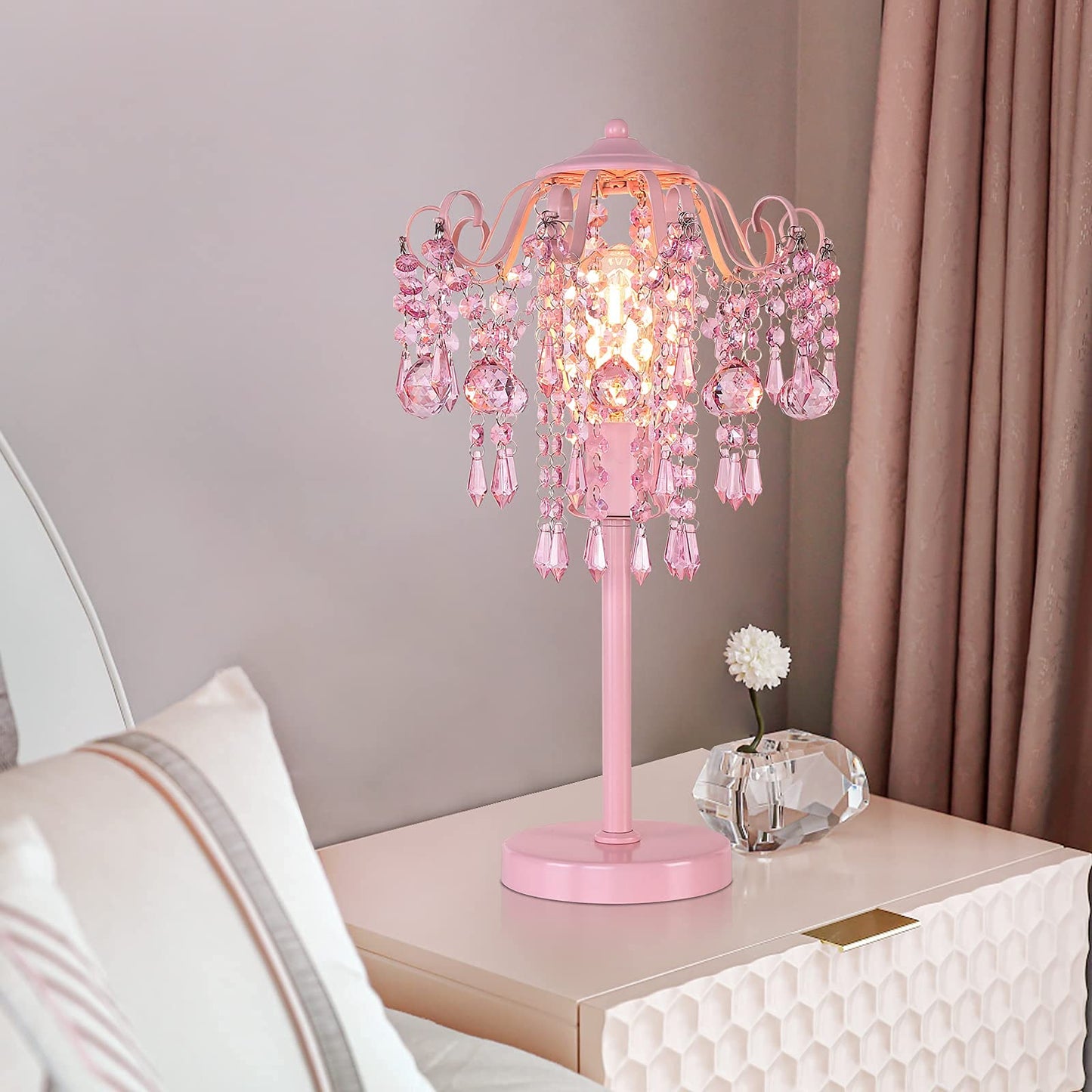 Pink Crystal Bedside Table Lamp H20.4'' W11.81'' 1-Light E26