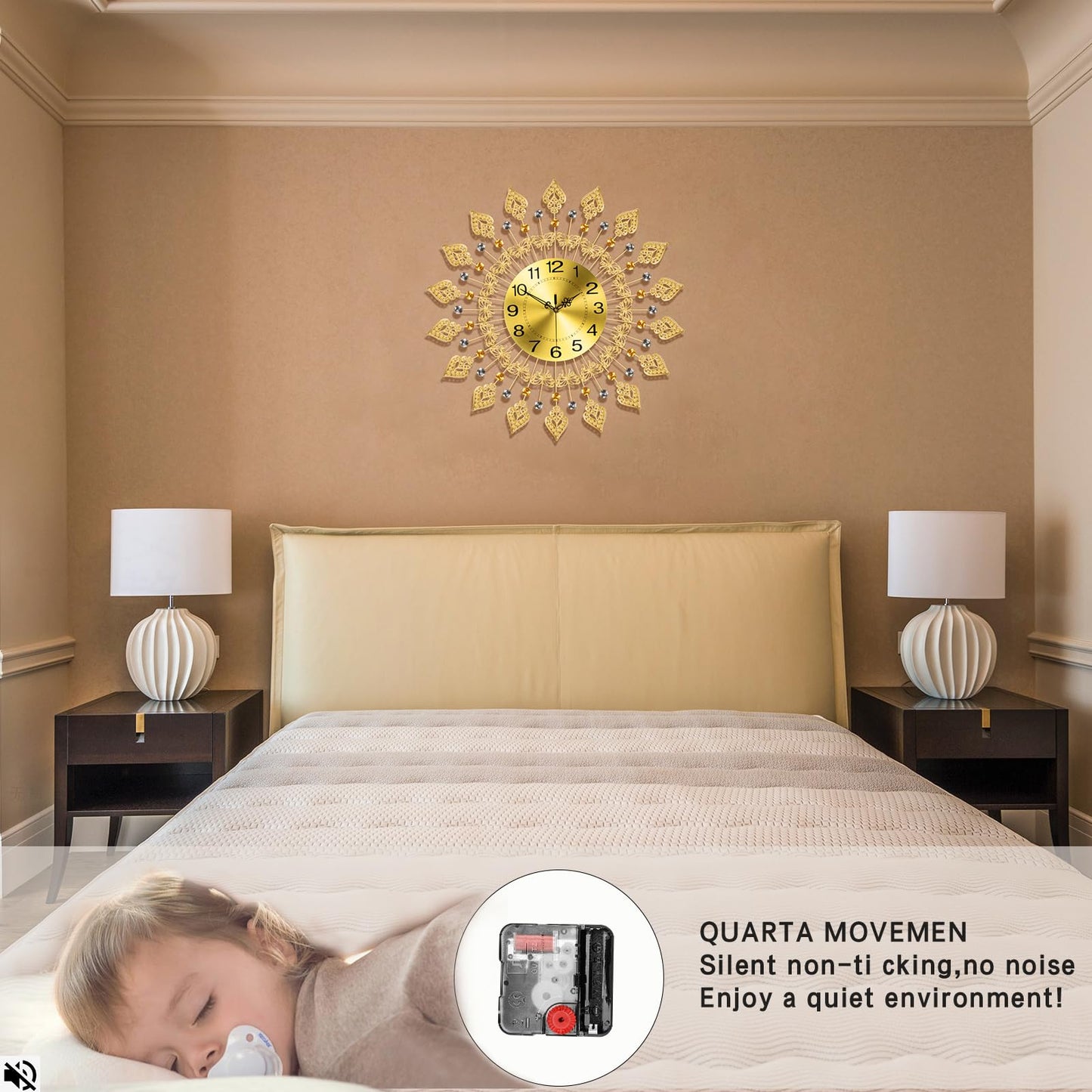 Large Wall Clock Battery Operated 24" Silent Non-Ticking Crystal Round Wall Decoration