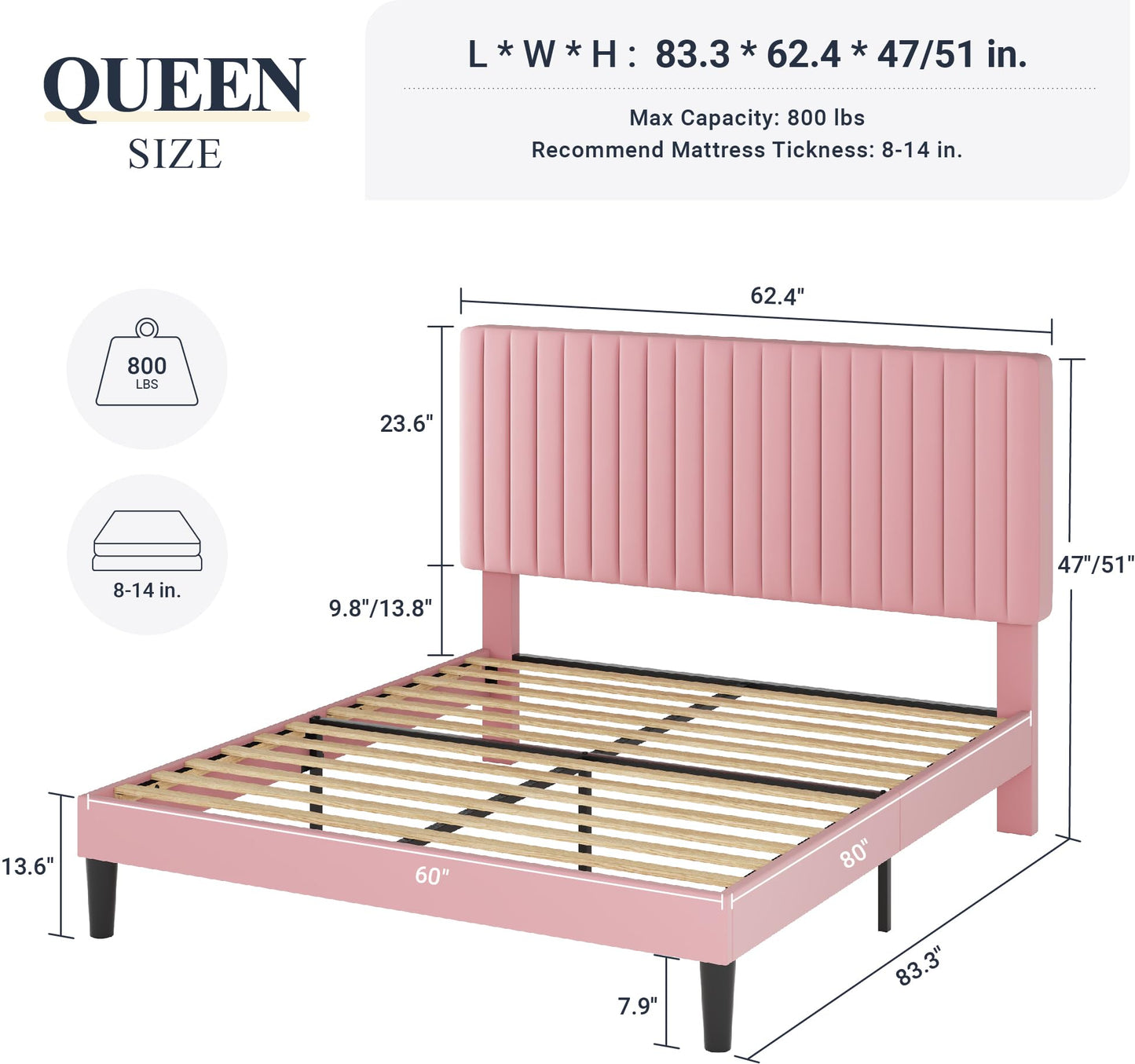 Velvet Upholstered Platform Bed with Adjustable Vertical Channel