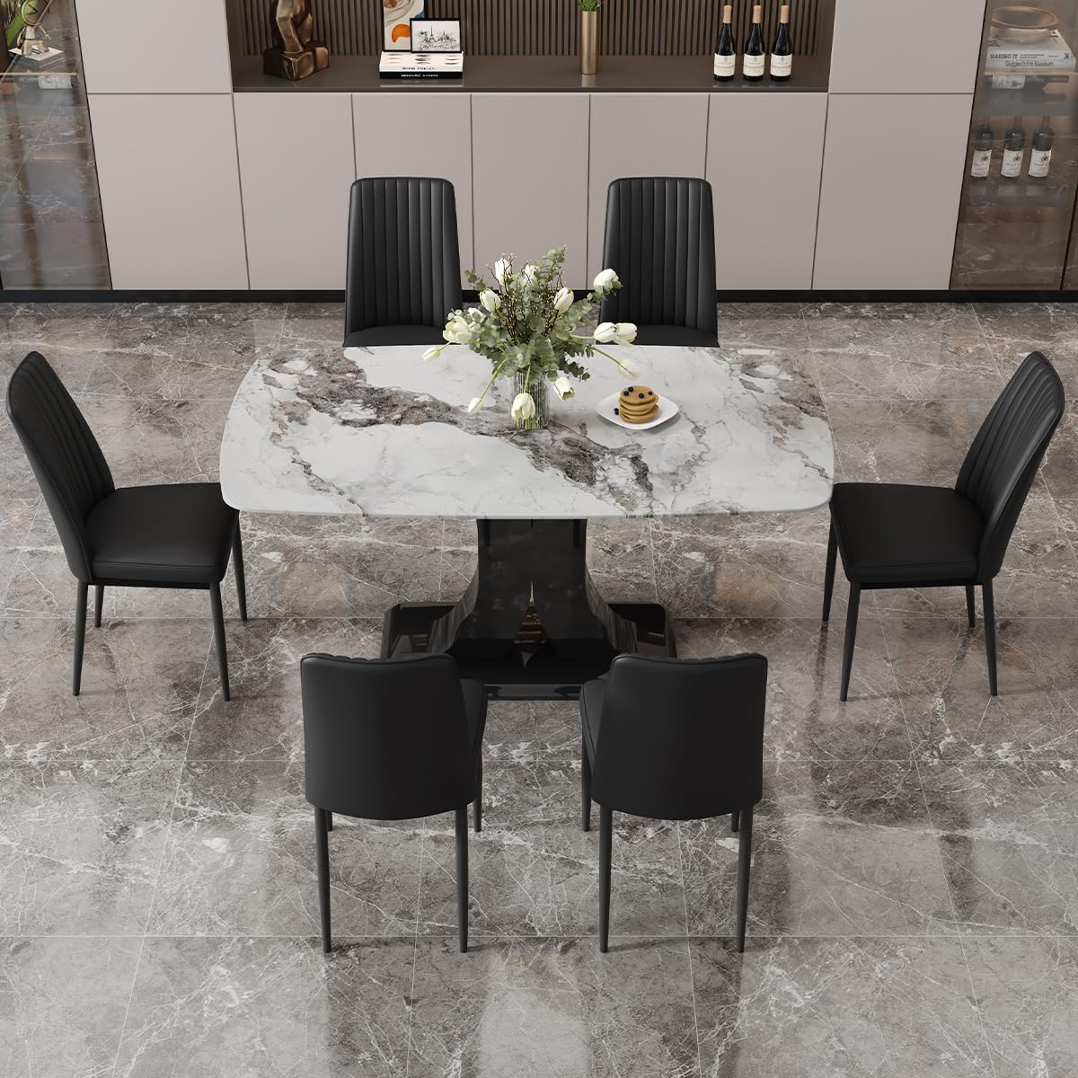 Dining Table Set for 6, White Faux Marble Pattern Table with 6 Modern Dining Chairs