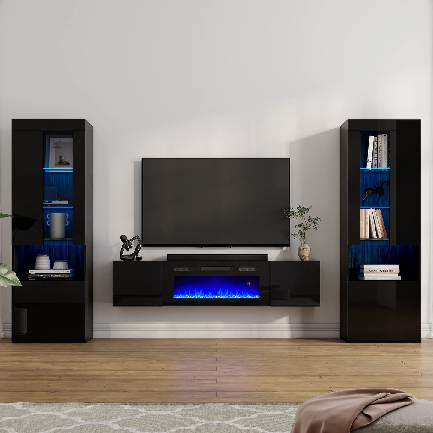 High Gloss Living Room Entertainment Center Including Floating Fireplace