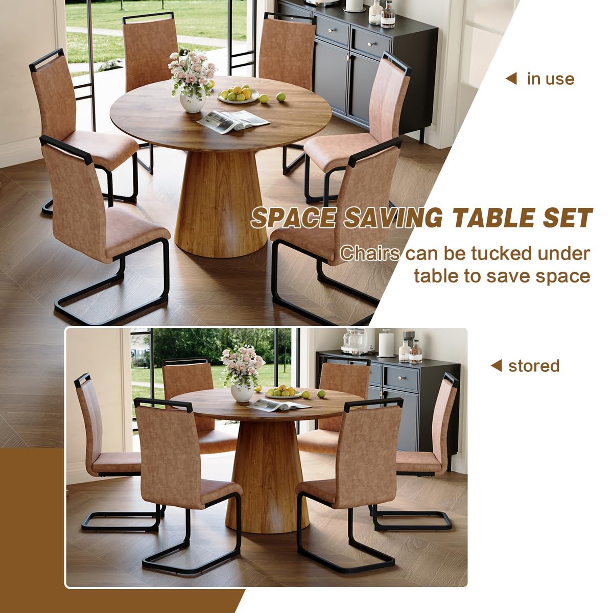 Round Dining Table Set for 6, 45''Round Wooden Dining Set