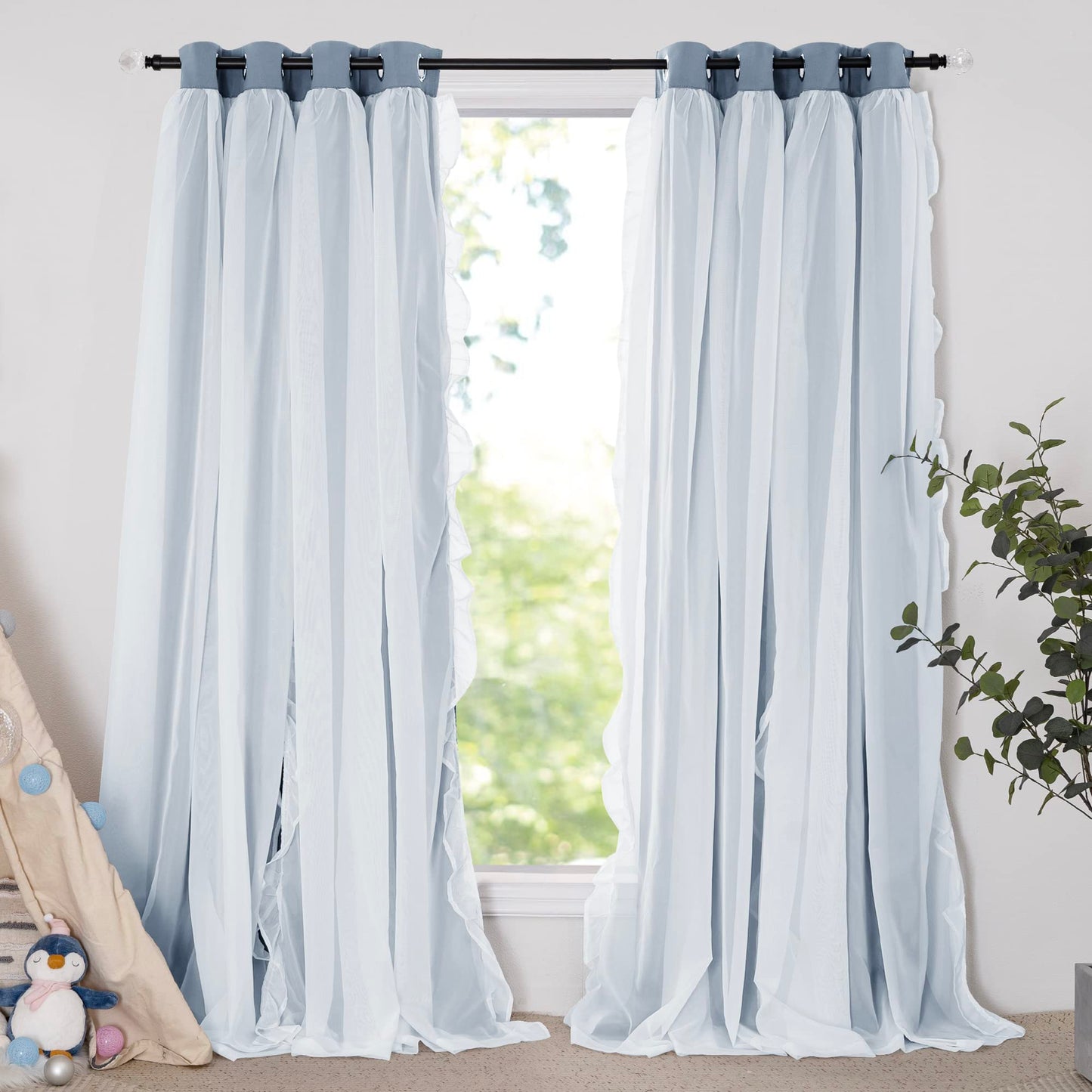 Blackout Window Treatment Double Layer Drapes Ruffle Sheer Overlay 2 Panels