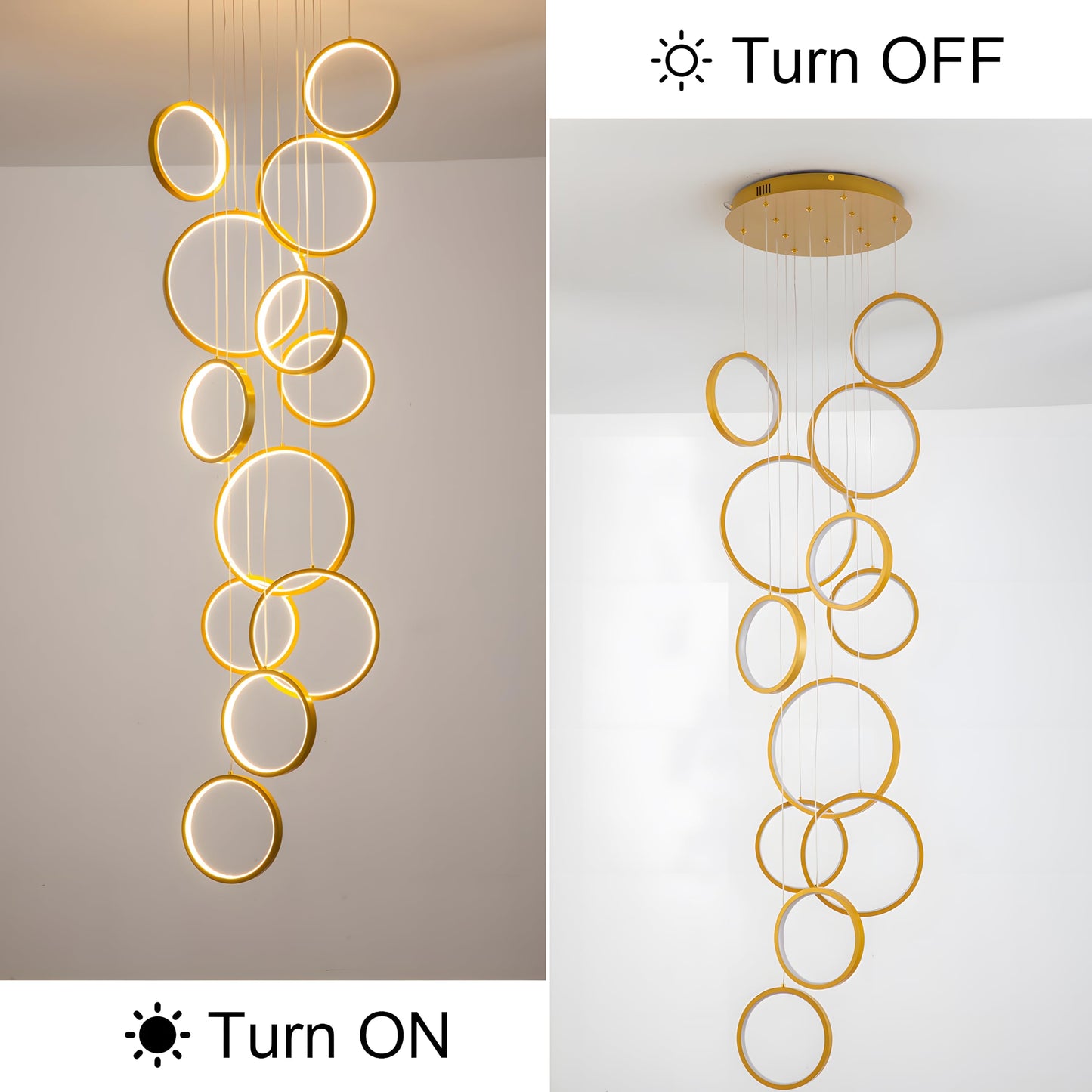 Gold Staircase Hanging 12 Ring Long Led Chandelier Dimmable with Remote Controller