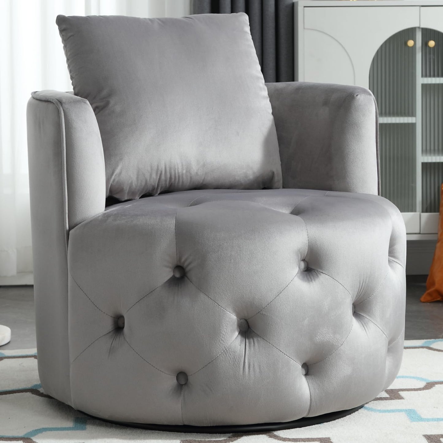 Swivel Barrel Chair with Velvet Fabric with Plump Pillow