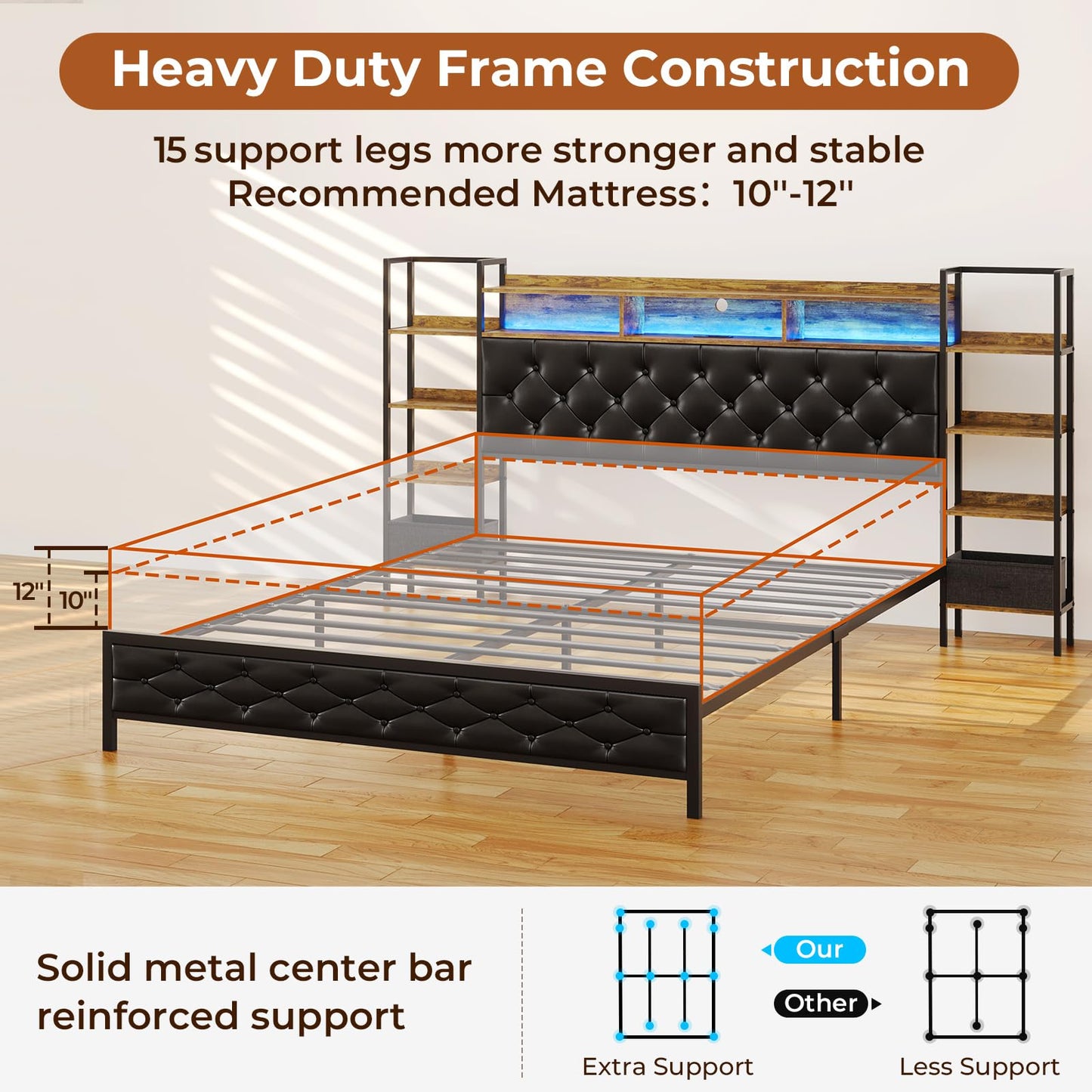 Queen Bed Frame with Storage Headboard and LED Lights