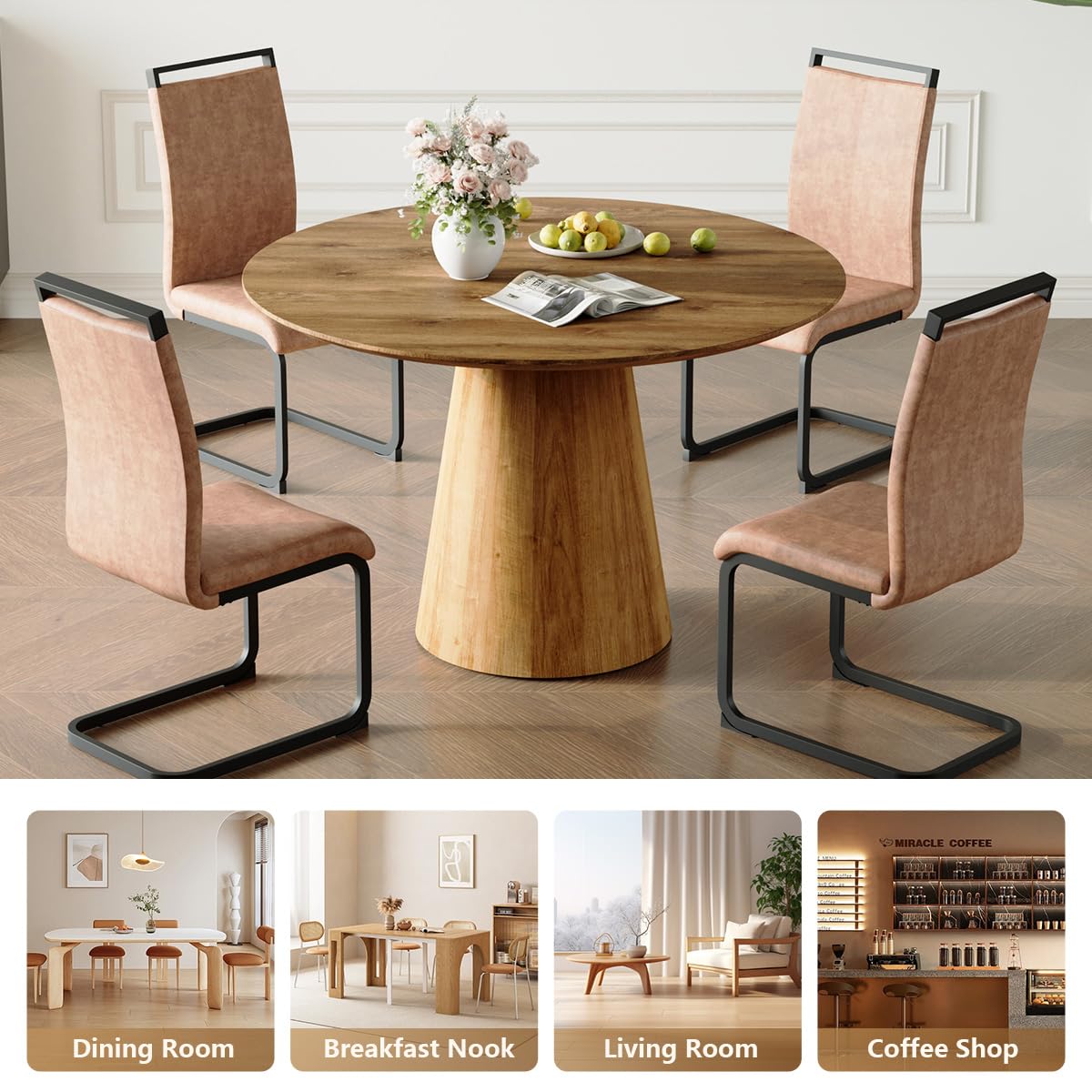 Round Dining Table Set for 6, 45''Round Wooden Dining Set