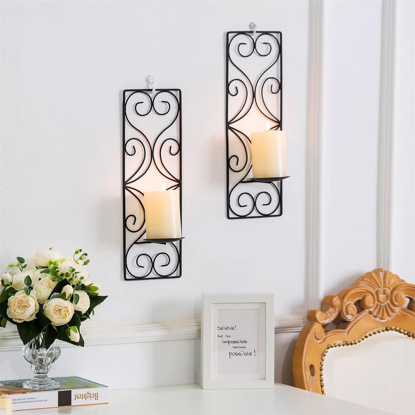 Candle Sconces Wall Decor - Set of 2 Black Candle Holders for Pillar