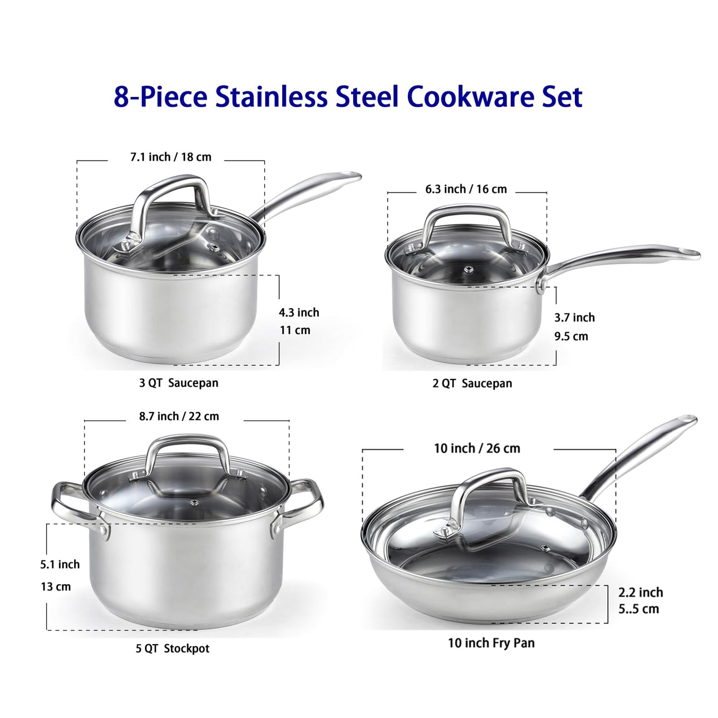 8-Piece Stainless Steel Pots and Pans Cookware Set, Silver