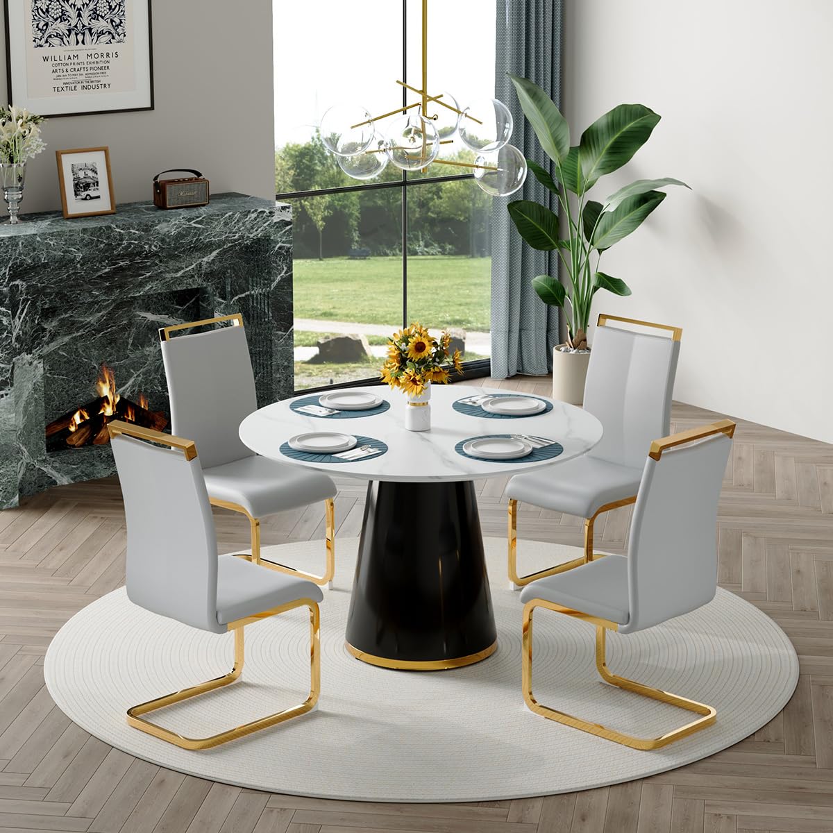 Round Dining Table Set for 6, 45''Round Wooden Dining Set