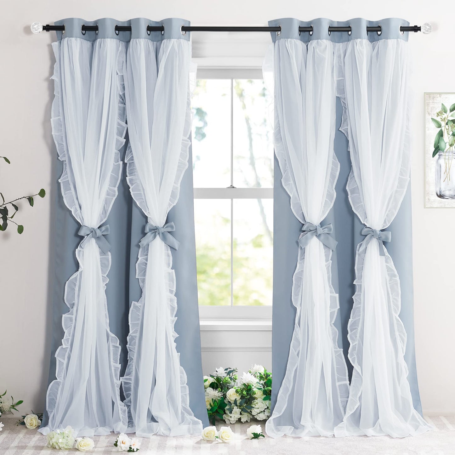 Blackout Window Treatment Double Layer Drapes Ruffle Sheer Overlay 2 Panels