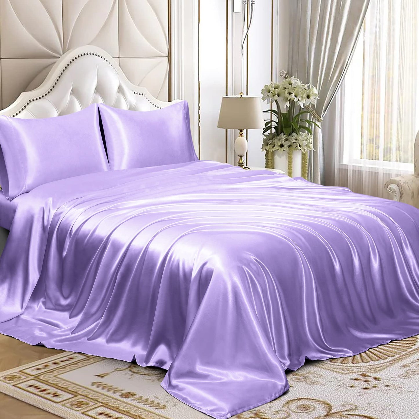 4pcs Satin Sheets Set Luxury Silky Satin Bedding Set with Deep Pocket