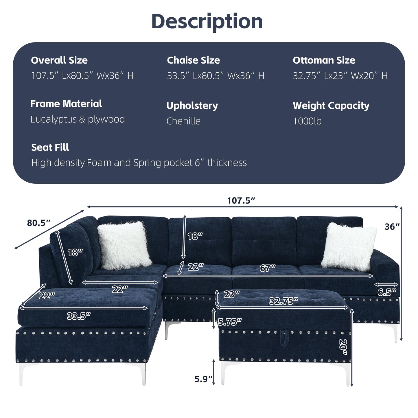 L-Shape Sectional 3-Seater Sofa with Extra Wide Reversible Chaise