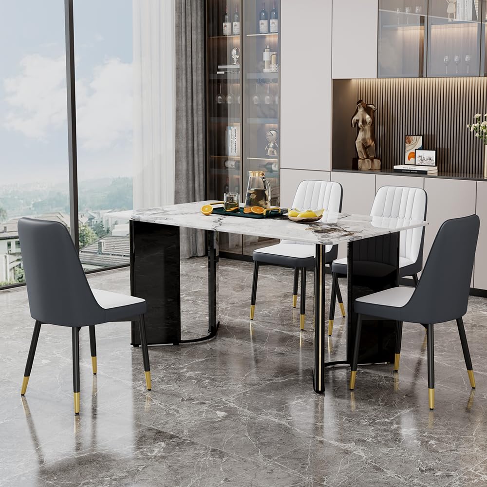 Dining Table Set for 6, White Faux Marble Pattern Table with 6 Modern Dining Chairs