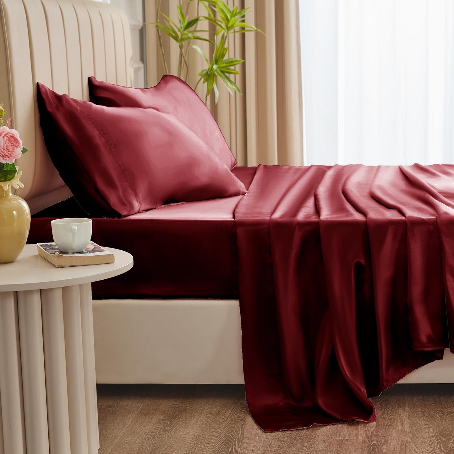 4 Piece Burgundy Bed Sheet Set with Silky Microfiber, 1 Deep Pocket Fitted Sheet