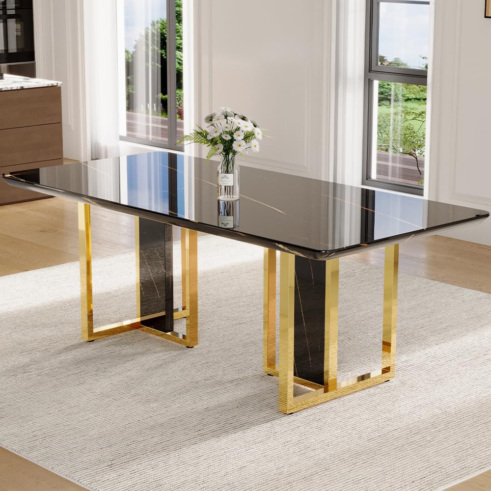 79" Black Modern Dining Table Set for 8,Black Golden Chairs