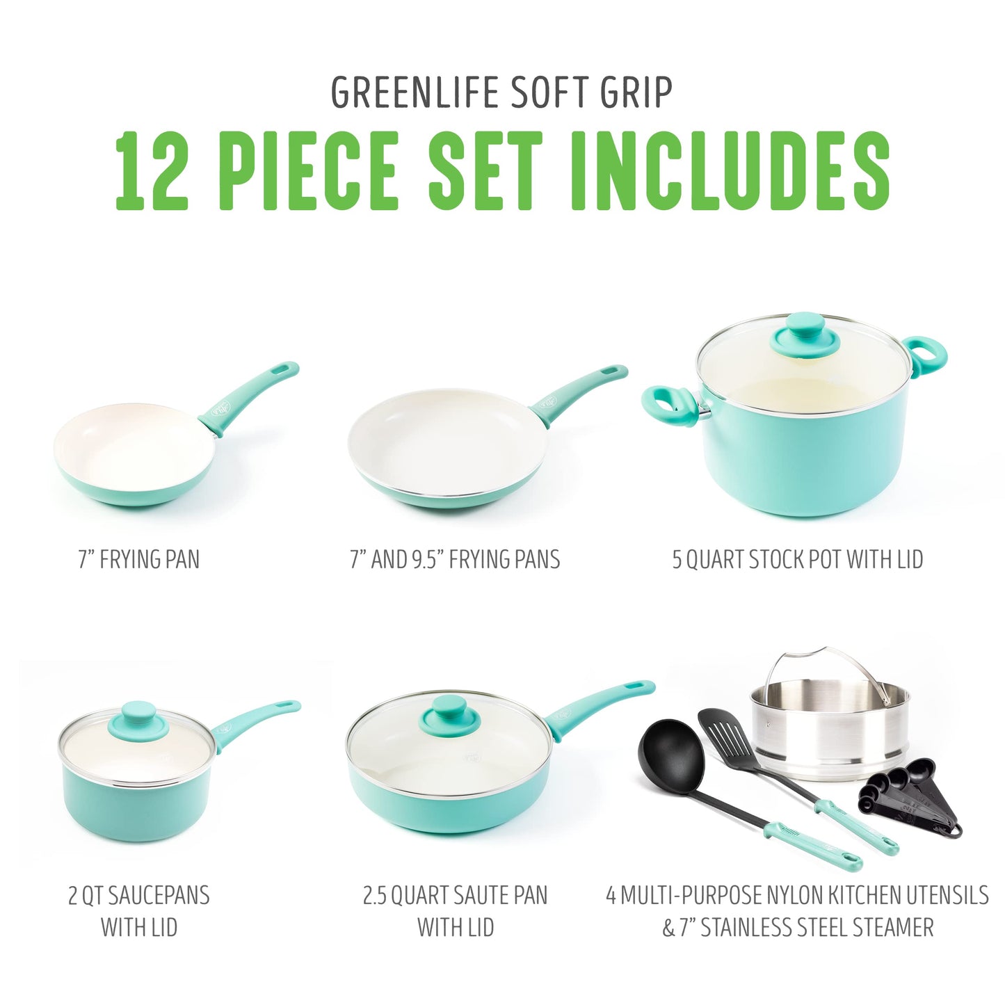 Soft Grip Healthy Ceramic Nonstick 16 Piece Kitchen Cookware Pots and Frying Sauce